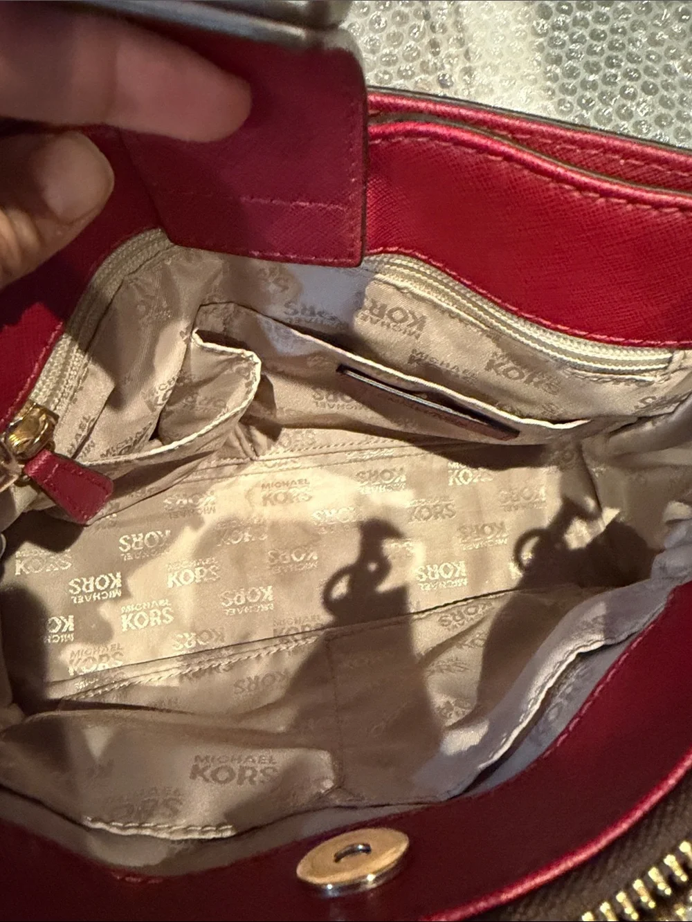 Michael Kors Brown & Red Logo Satchel with Gold Hardware